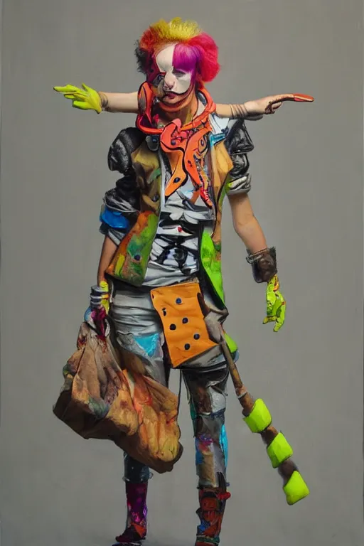 Image similar to a character wearing a diy! costume, with fluo colored details, muted colors, vivienne westwood, nausicaa, hyper real painting