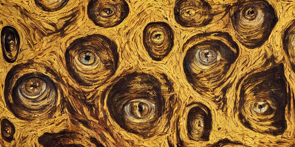 Prompt: a surreal painting of giant buddahs eyes floating in the desert in gold color palette