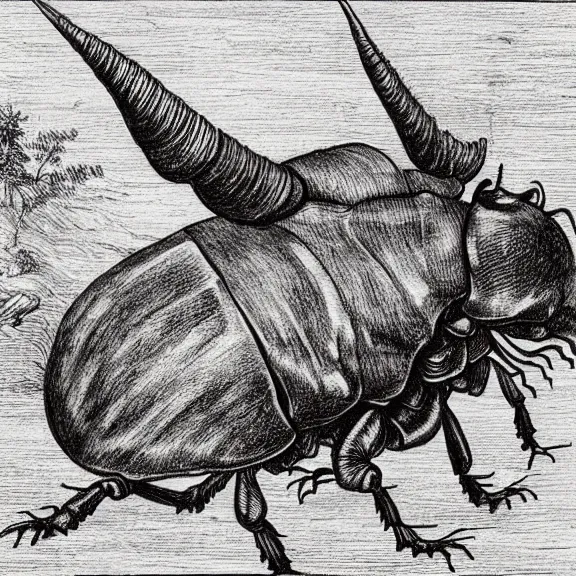 Image similar to a detailed, intricate drawing of a rhinoceros beetle rhinceros on a beach, by albrecht durer