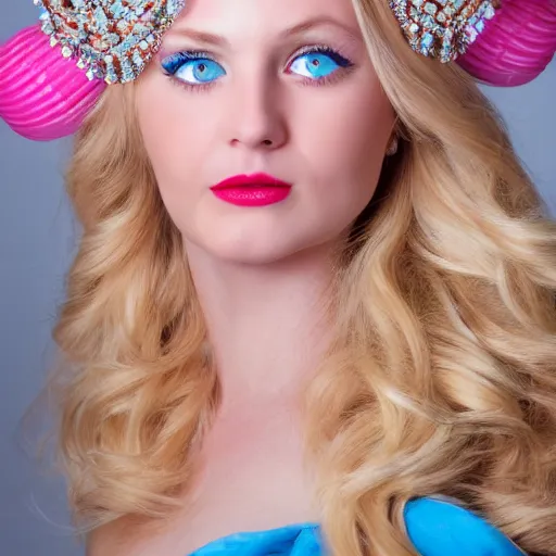 Image similar to close up headshot of a princess with long blonde hair and light blue eyes wearing a strapless elaborately beaded pink dress, high resolution film still, 8k, HDR color, film by Simon Langton and David Frankel, triangular face, round narrow chin, straight jawline, light pink lipstick