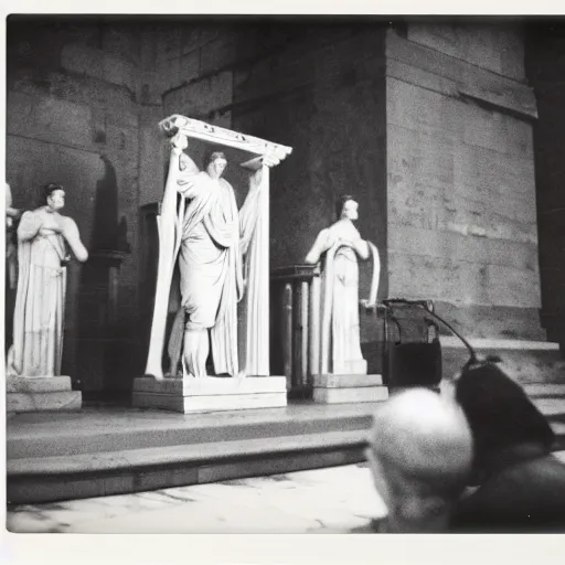 Prompt: polaroid of a ancient roman Caesar speaking before the senate candid shots by Tarkovsky