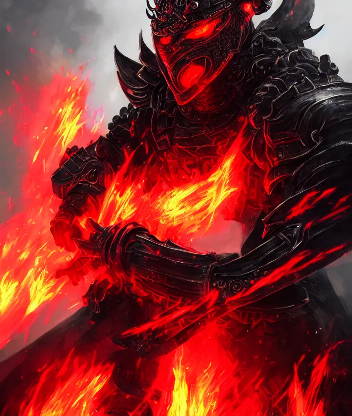 Image similar to a detailed manga character illustration of a dark warrior in black plated armour surrounded by red flames, trending on artstation, digital art, 4 k resolution, detailed, octane render, high quality, sharp focus, hq artwork, insane detail, concept art, character concept, character illustration, full body illustration