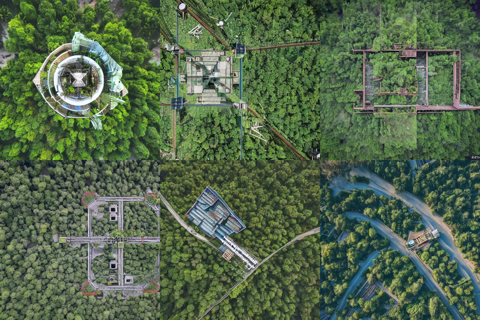 Prompt: exploration drone photos of an abandoned solarpunk city which has been overgrown by a forest