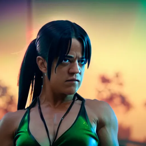 Image similar to cinematic scene with michelle rodriguez as jolyne from jojo's bizarre adventure, live action film, stone ocean, dramatic, small details, volumetric lighting, still frame