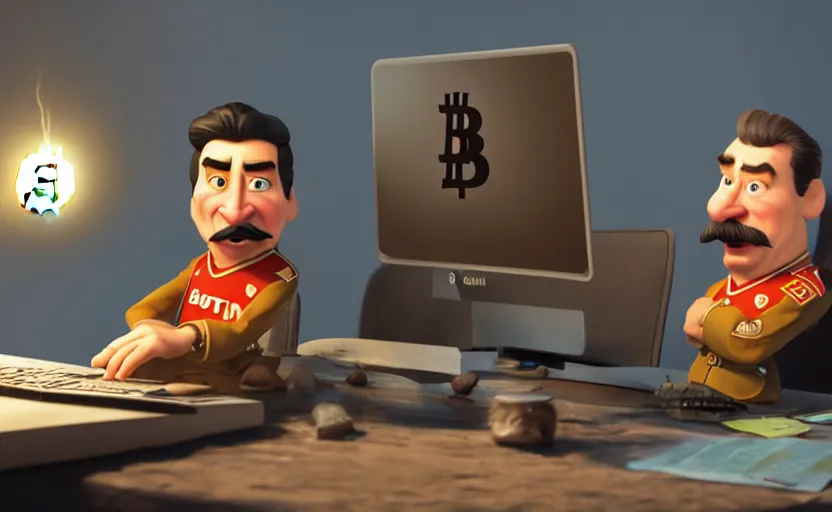 Prompt: very cute angry realistic josef stalin trading bitcoin in front of computer, disney pixar character concept artwork, 3 d concept, in a rock chair, high detail iconic character for upcoming film, 8 k octane render