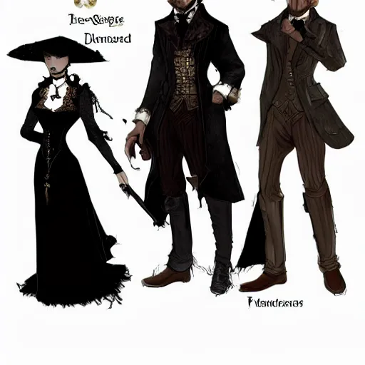 dark fantasy victorian era 2d character concept sheet | Stable ...