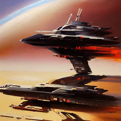 Prompt: minimalist concept art spaceship, long deliberate brushstrokes, concept art oil painting, textured paint by john berkey