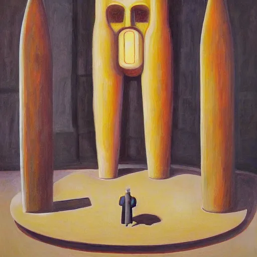 Image similar to three brutalist giant sacred robots visage, portrait, judge, cathedral, dystopian, pj crook, edward hopper, oil on canvas