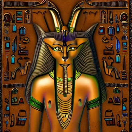 Image similar to anubis, egyptian art, lying in bed, with eyes closed, sparkles all around, fantasy digital art, wow, stunning, hight quality