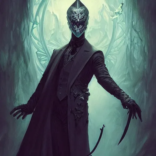 Image similar to - i full body portrait of a male magician with an awesome detailed mask controlling ghosts and spirits, spooky, horror, gothic, d & d, fantasy, intricate, elegant, highly detailed, digital painting, artstation, concept art, smooth, sharp focus, illustration, art by artgerm and greg rutkowski and alphonse mucha