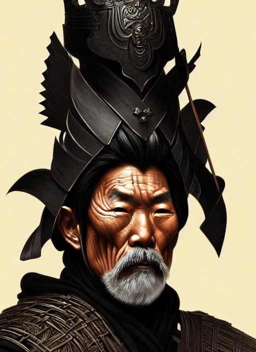Image similar to portrait of an old Japanese warrior man, muscular, black leather robes! intricate, elegant, highly detailed, digital painting, artstation, concept art, smooth, sharp focus, illustration, art by artgerm and greg rutkowski and alphonse mucha