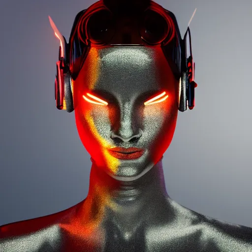 Image similar to a portrait of a female cyborg, fashion, streak lights, ligjt trail, color gel, photogtaphy, canon r 5, glowing, white background, 3 d render, unreal engine, white body suit, futuristic