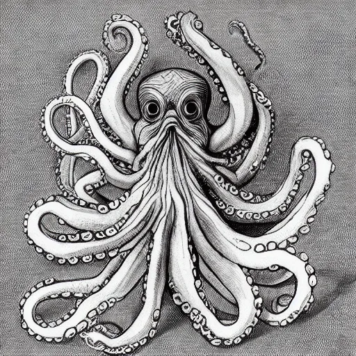 Image similar to octopus with human hands at the ends of each tentacle in style of leonardo da vinci