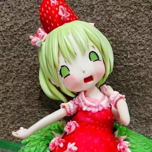 Prompt: a ceramic figurine of a cute funny strawberry fairy with a frilly floral dress featured on yotsubato, by hayao miyazaki, pastels, wide angle, dynamic pose, 🎀 🍓 🧚