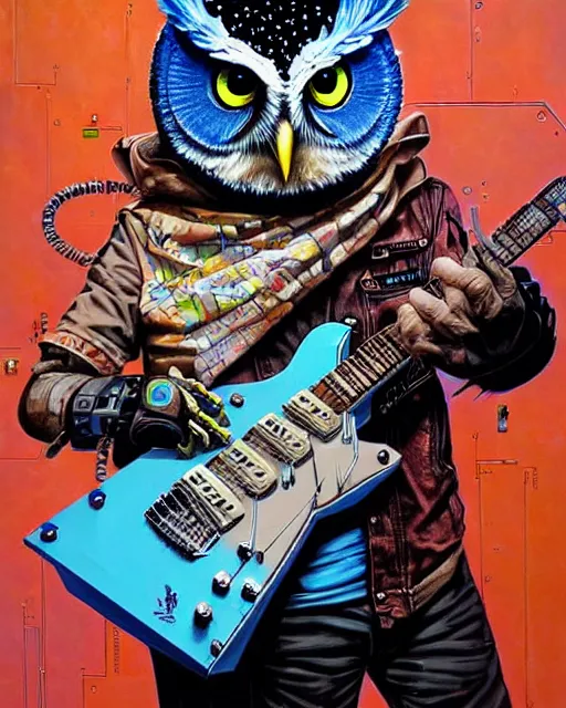 Image similar to a portrait of an anthropomorphic cyberpunk owl shredding an electric guitar by sandra chevrier, by jon foster, detailed render, tape deck, epic composition, cybernetics, 4 k realistic, cryengine, realistic shaded lighting, sharp focus, masterpiece, by enki bilal