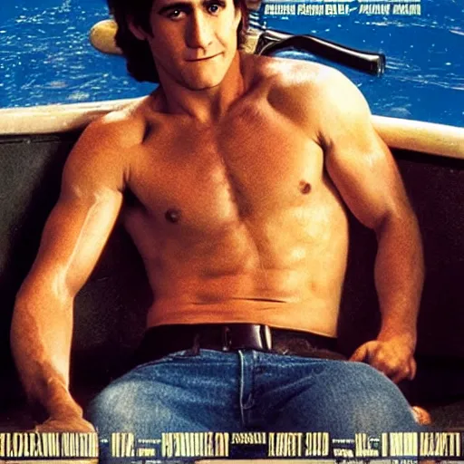 Image similar to a movie poster of Jake Gyllenhaal as patrick Swayze sitting in a hot tub in the movie Road House