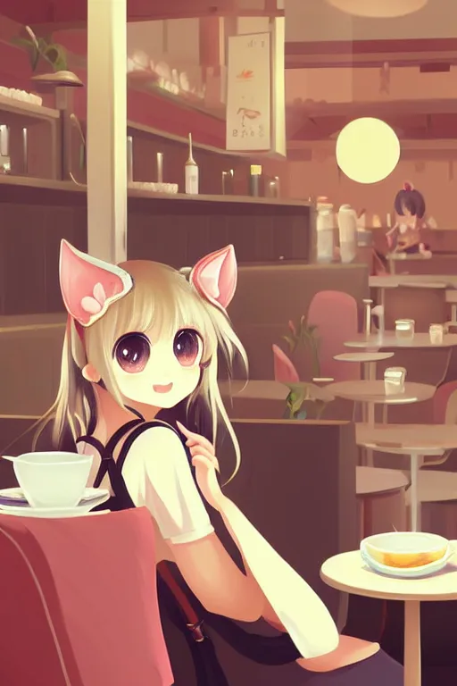 Image similar to detailed painting of a cute character with animal ears relaxing inside a cafe, vector art by kobaruta and shinonoko, featured on pixiv, romanticism, warm lighting, 2 d game art, flat shading, pixiv