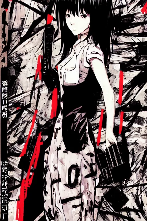 Image similar to professionally drawn seinen mature cyberpunk horror detective action manga comic cover, full color, beautifully drawn coherent professional, drawn by ilya kuvshinov, ilya kuvshinov, and hiromu arakawa and tsutomu nihei. japanese script kanji hiragana on the cover. simplistic minimalist cover art. stylized stylistic.