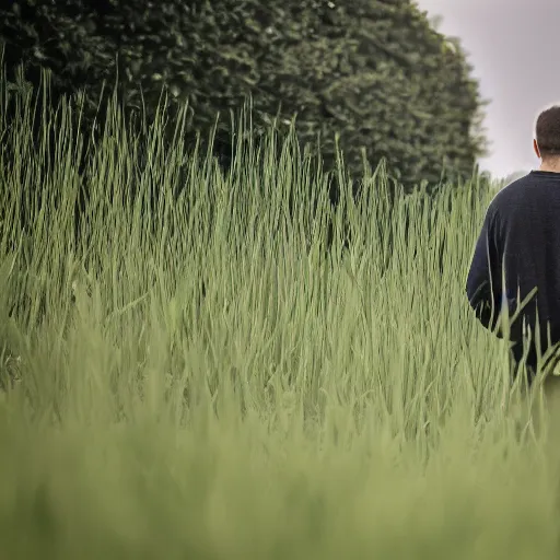 Prompt: A man intensely staring at gras, XF IQ4, 150MP, 50mm, F1.4, ISO 200, 1/160s, natural light