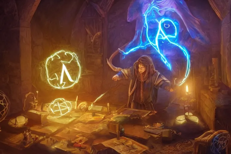 Image similar to A skilled sorcerer in their study, drawing glowing magic runic symbols in the air, enchanting objects with glyph magic, D&D fantasy setting, 4k