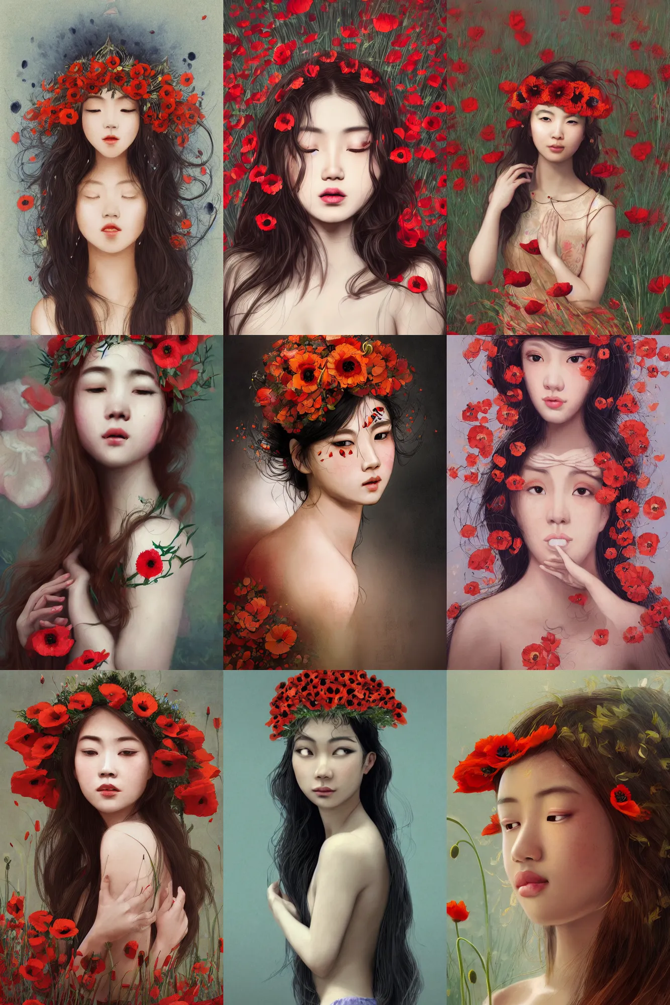 Prompt: Illustration of a beautiful asian girl with freckles, wearing a flower headpiece made of red poppies, long flowy hair, surrounded by big flowers, porcelain skin, cinematic lighting, photo realistic, cinematic lighting, bokeh, warm lights, highly detailed, maya, digital painting, artstation, concept art, sharp focus, illustration, by Mucha, Raphael, Caravaggio, Beksinski, Giger