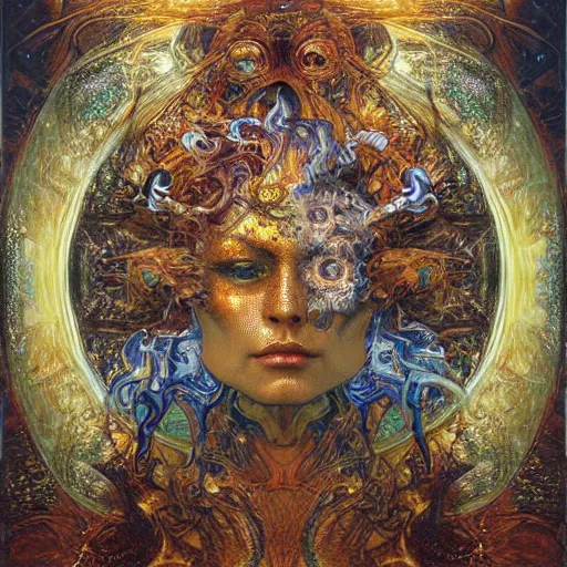 Image similar to Divine Chaos Engine by Karol Bak, Jean Deville, Gustav Klimt, and Vincent Van Gogh, celestial, visionary, sacred, fractal structures, ornate realistic gilded medieval icon, spirals, mystical
