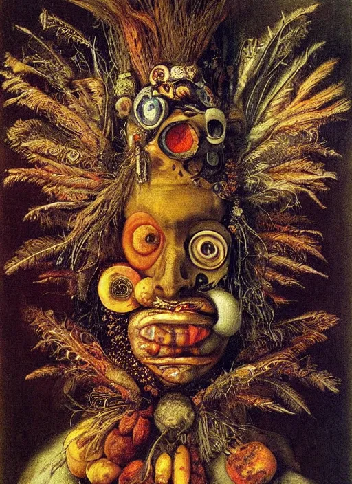 Prompt: a surreal painting of a shaman's face, by Giuseppe Arcimboldo, voodoo, occult, cosmic, symbolist, soft colors, dramatic lighting, smooth, sharp focus, extremely detailed, aesthetically pleasing composition