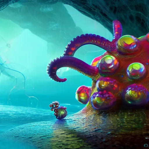 Image similar to underwater crystals, octopus character or jellyfish, illustrations, 3 d render, illustrated, incredible details, highly detailed, photorealistic, disney pixar, octane render, iridescent, anime, 8 k