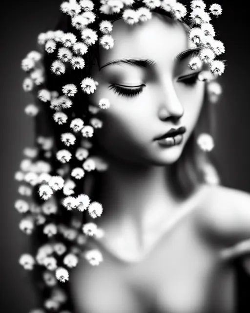 Prompt: black and white dreamy young beautiful female artificial intelligence, realistic flowers ornament in the face, long hair are intricate with highly detailed realistic flowers, cinematic, rim light, bokeh, photo - realistic, elegant, high detail, 8 k, masterpiece, photo taken in 1 9 3 0