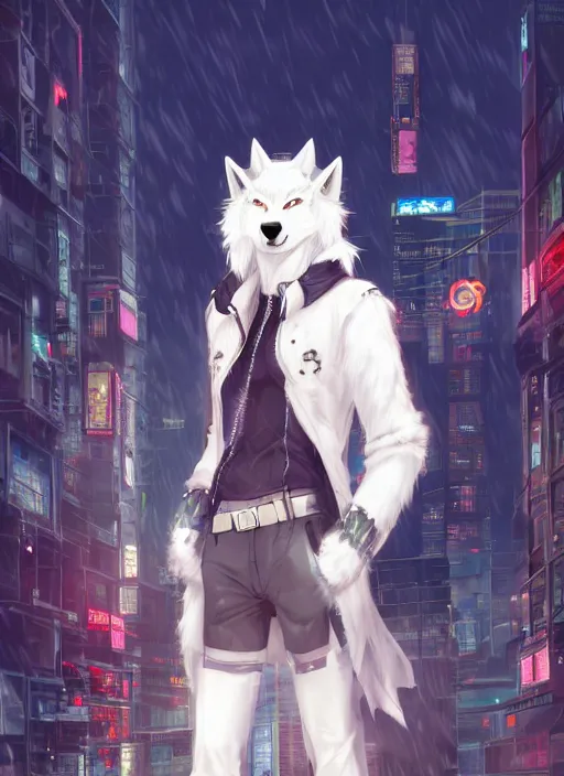 Image similar to character portrait of a male anthro white wolf fursona with a tail and a cute beautiful attractive furry face wearing stylish cyberpunk clothes in a cyberpunk city at night while it rains. hidari, color page, tankoban, 4K, tone mapping, Akihiko Yoshida.