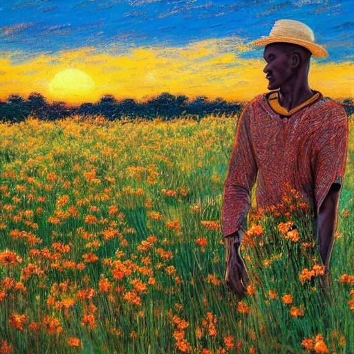 Image similar to an east african man in a vast field of flowers, looking off into the sunset, relaxing, wide shot, golden hour, vintage, impressionist painting, fine art, oil painting, dreamy, pastel, laughing, happy, intricate details, sharp, peaceful, serene