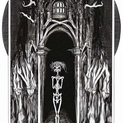 Prompt: In the center of the illustration is a large gateway that seems to lead into abyss of darkness. On either side of the gateway are two figures, one a demon-like creature, the other a skeletal figure. by Charles Vess haunting