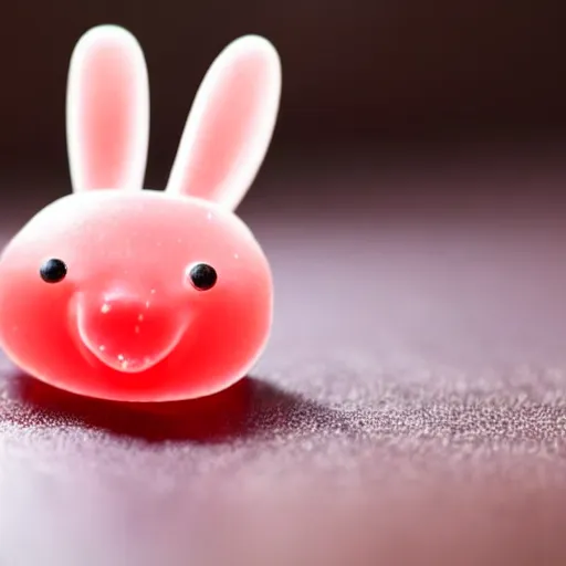 Image similar to a gummy bear shaped like a bunny, really close - up shot, hd, 4 k, smooth, extra detailed, photo, award - winning, trending, shutterstock