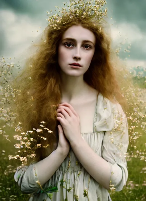 Image similar to kodak portra 1 0 0 photo medium portrait of a pre - raphaelite blond beautiful woman, dress in flowers, dreamy mood, fine art photography in style of nicholas fols, 1 5 0 mm, emotionally evoking, head in focus, stormy clouds outdoor, matt mute colour background, volumetric lighting, hyper realistic, ultra detailed