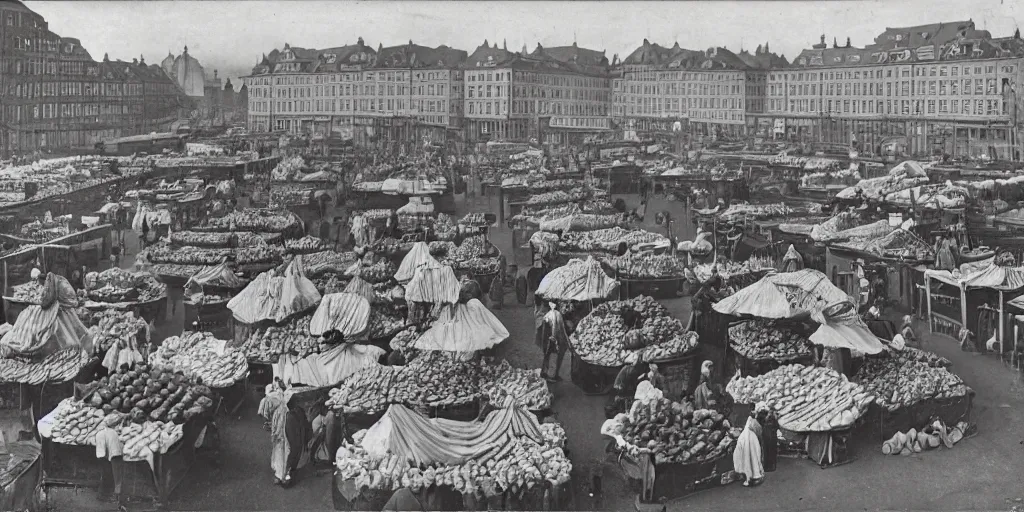 Image similar to 1 8 th century picture of the hamburg fischmarkt, food stalls, vegetable stands, fishmongers, 1 9 0 0 s photography