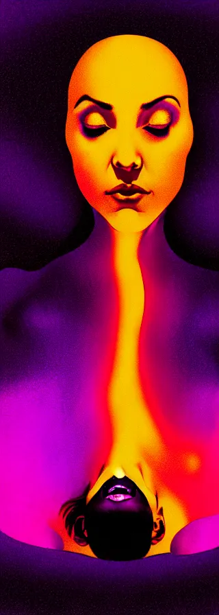 Image similar to bemused to be soon enveloped by a flesh-eating blob creature, hands restrained above her head, Selena Kyle in a black silk tank top in a full frame close-up up of her face and neck in complete focus, looking upwards in a room of lava lamps, complex artistic color ink pen sketch illustration, professional composition, subtle detailing, gentle shadowing, fully immersive reflections in her eyes, concept art by Artgerm and Range Murata in collaboration.