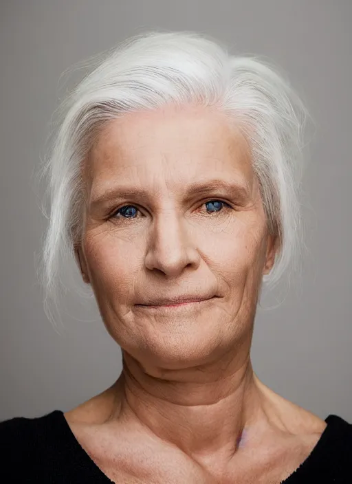 Prompt: portrait of a woman, symmetrical face, white hair, she has the beautiful calm face of her mother, slightly smiling, ambient light