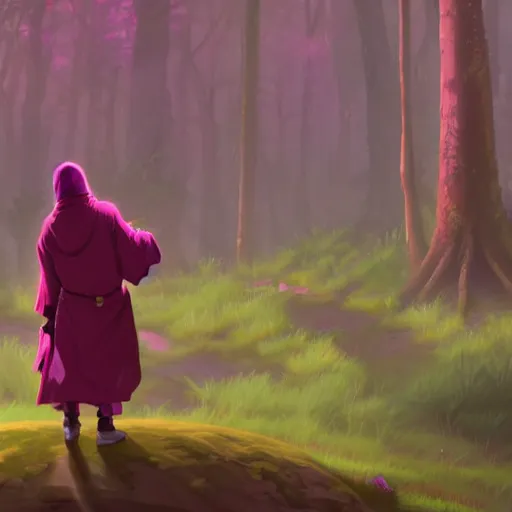 Image similar to concept art painting of an anthropomorphic lizard wearing magenta wizard robes, in the deep forest, realistic, detailed, cel shaded, in the style of makoto shinkai and greg rutkowski and james gurney