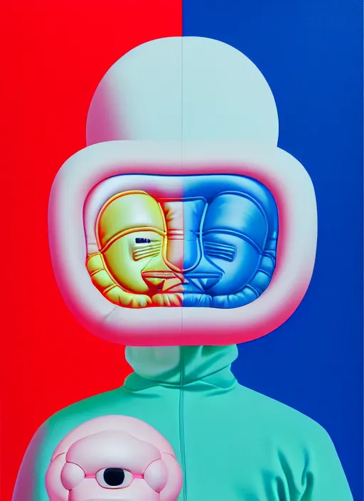 Image similar to person wearing a inflated puffer jacket by shusei nagaoka, kaws, david rudnick, airbrush on canvas, pastell colours, cell shaded!!!, 8 k