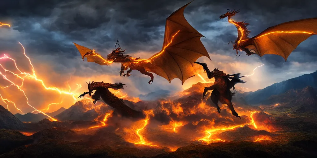 Image similar to a powerful flying fire Dragon fighting against a Wizard which shoots lightning in the foreground, big Mountains and wide forrests are in the Background, stormy weather at night ,cinematic Style, hyperrealistic