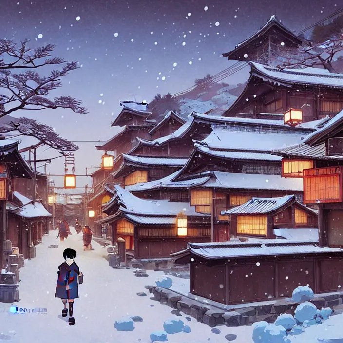 Image similar to japanese rural town, winter, in the style of studio ghibli, j. c. leyendecker, greg rutkowski, artem