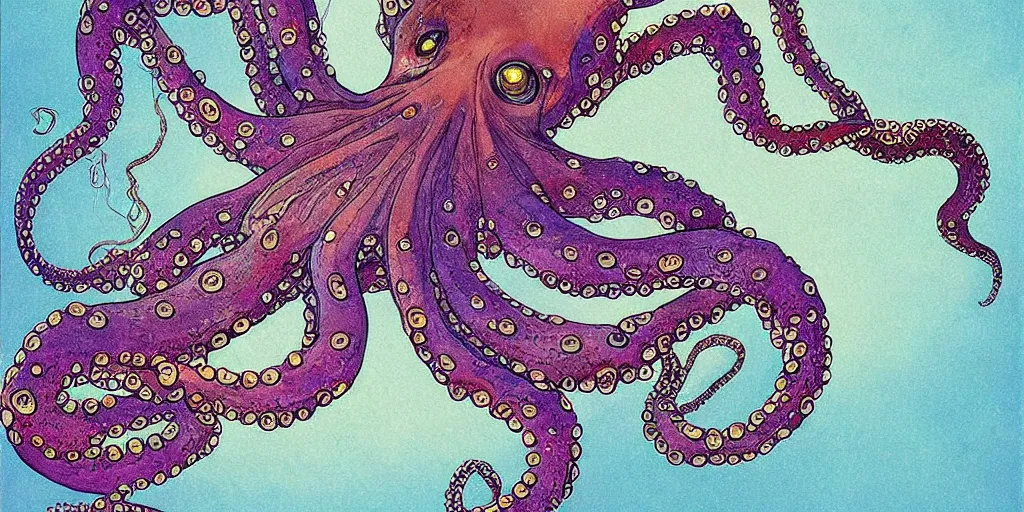 Image similar to ” beautiful octopus drifting in the deep sea painted by moebius. ”