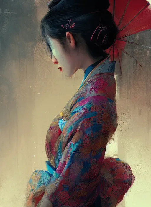 Prompt: female geisha girl, beautiful face, rule of thirds, intricate outfit, spotlight, colourful, by greg rutkowski, by jeremy mann, digital painting