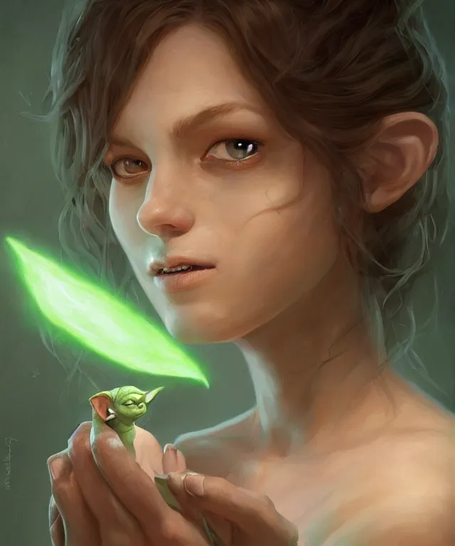 Prompt: portrait of an artist painting a portrait of yoda by charlie bowater and titian and artgerm, full - body portrait, intricate, face, forest, elegant, beautiful, highly detailed, dramatic lighting, sharp focus, trending on artstation, artstationhd, artstationhq, unreal engine, 4 k, 8 k