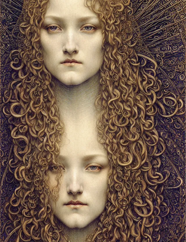 Image similar to detailed realistic beautiful young medieval queen face portrait by jean delville, gustave dore and marco mazzoni, art nouveau, symbolist, visionary, gothic, pre - raphaelite. horizontal symmetry