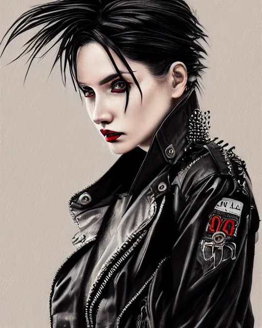 Image similar to portrait painting of a punk woman in a leather bomber jacket, medium shot, symmetrical, rainy night, elegant intricate digital painting, trending on artstation, by huang guangjian