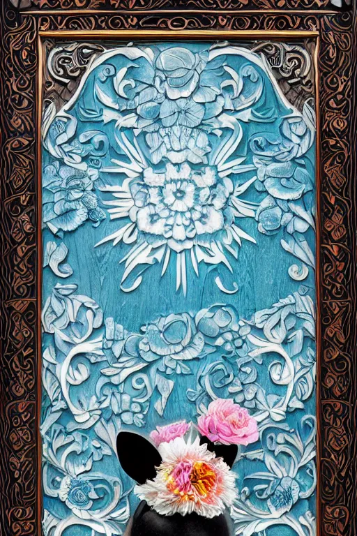 Image similar to Painted dark-wood panel relief carving of a Flowerpunk Piglet, White and pale blue toned, ornate border frame, explosion of colorful flowers, dark wood, intricately carved, black ink, festival of rich colors, intricate details, cinematic lighting, volumetric lighting, post-processing, art nouveau, tarot, fractal art, mandala, by andreas rocha and john howe, and Martin Johnson Heade, featured on artstation, featured on behance, golden ratio, hyper detailed, photorealistic, epic composition, center spotlight, f32, well composed, symmetrical, UE5, 8k