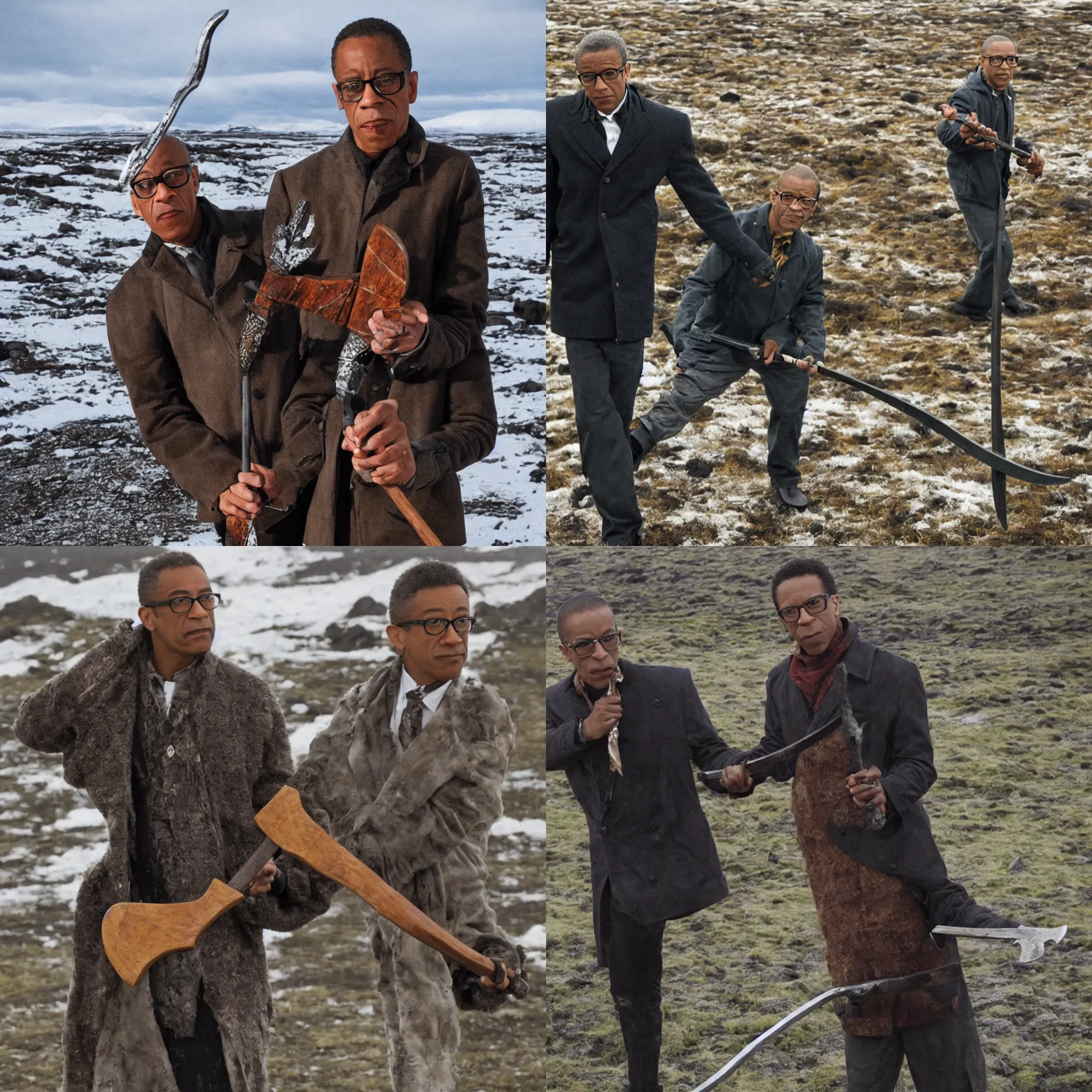 Prompt: a photo of gus fring holding a battle axe in iceland