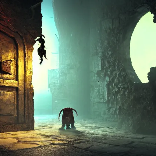 Prompt: a monster crawling out of a dungeon entrance, Unreal Engine, Octane Render, 4k, video game screenshot, Salvador Dali, Frank Frazetta, Moebius