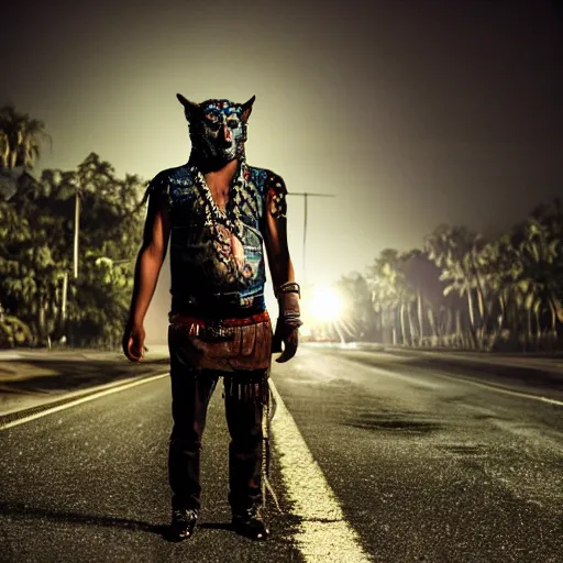 Image similar to empty street, mayan jaguar warrior, portrait, at night, by addy campbell, cinematography by quetzalcoatl